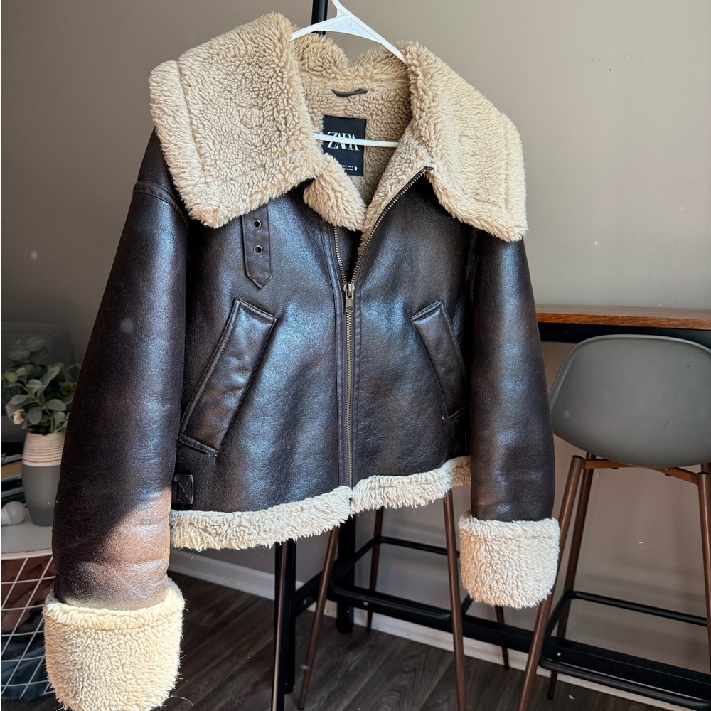Zara Dark Brown Leather Jacket with Cream Shearling
